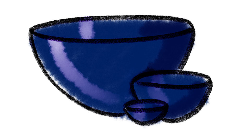 A simple crayon and watercolor illustration of three nested dark blue bowls with black outlines.