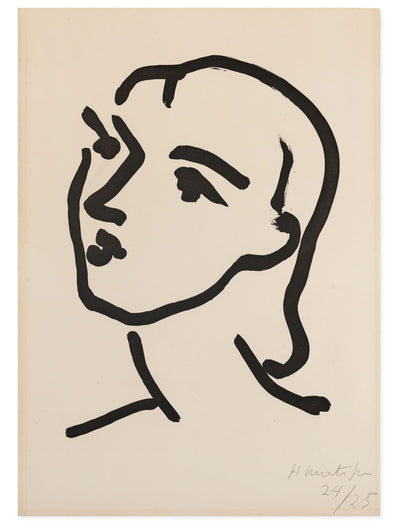 Original artwork, Nadia aux cheveux lisses, by Henri Matisse. A minimalist black ink painting of a woman's face and neck in profile, facing left, in an abstract, expressive style on an off-white background.