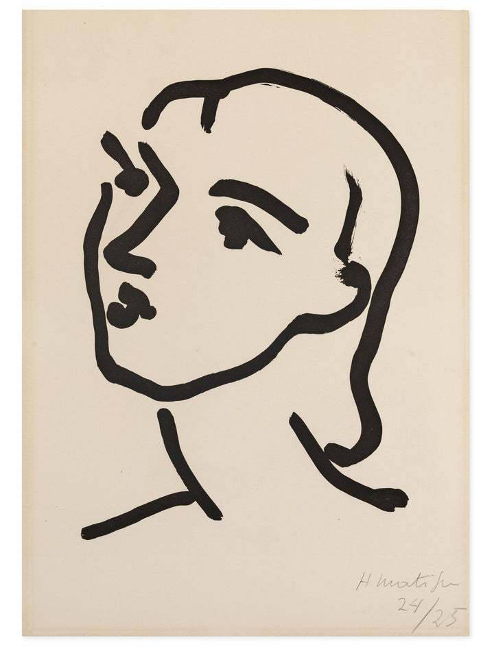 Original artwork, Nadia aux cheveux lisses, by Henri Matisse. A minimalist black ink painting of a woman's face and neck in profile, facing left, in an abstract, expressive style on an off-white background.
