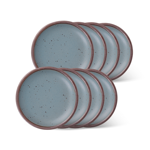 8 dessert sized ceramic plates in a blue-grey color featuring iron speckles and an unglazed rim.