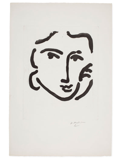 Original artwork, Nadia au regard sérieux, by Henri Matisse. A minimalist black ink painting of a woman's face and hand resting on one cheek, in an abstract, expressive style on an off-white background.