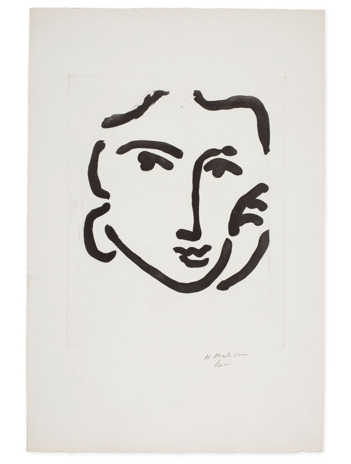Original artwork, Nadia au regard sérieux, by Henri Matisse. A minimalist black ink painting of a woman's face and hand resting on one cheek, in an abstract, expressive style on an off-white background.