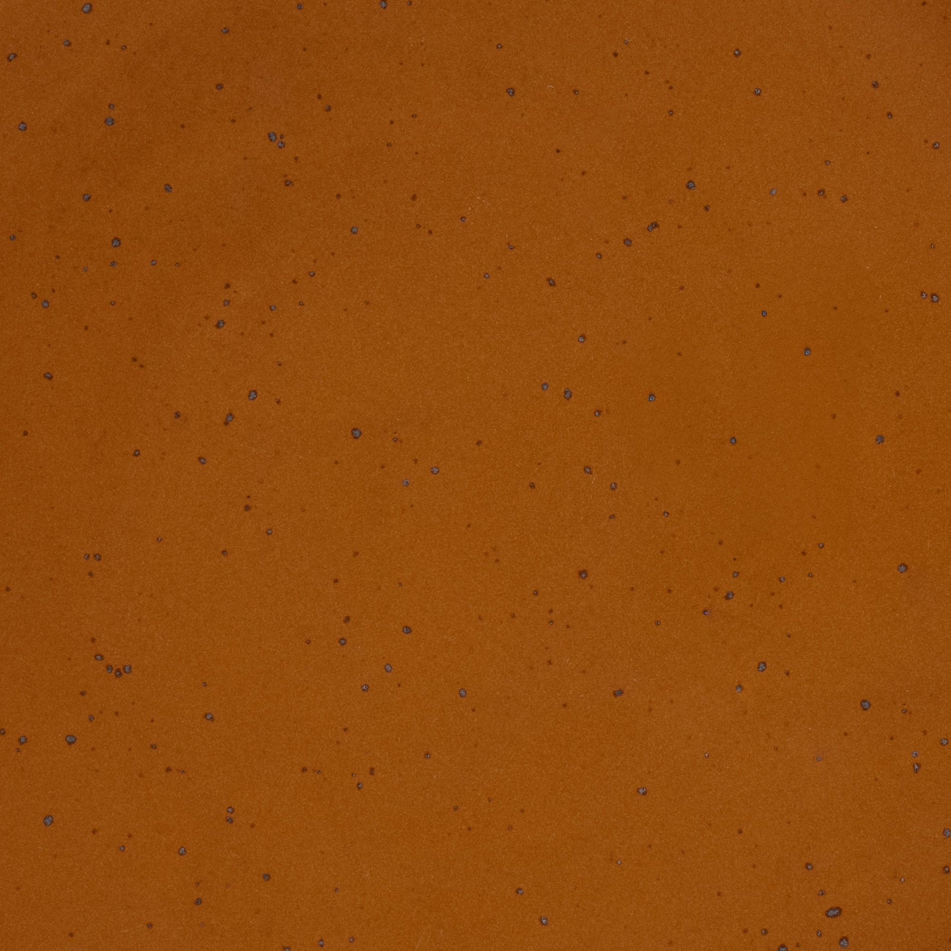 A closeup of a ceramic plate in a glossy caramel brown color with iron speckles throughout