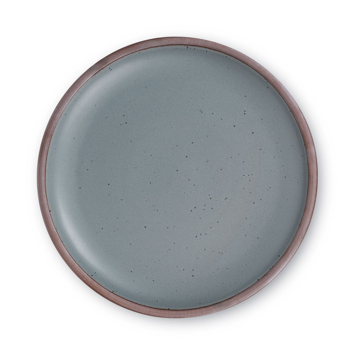 A large ceramic platter in a cool terracotta color featuring iron speckles and an unglazed rim.