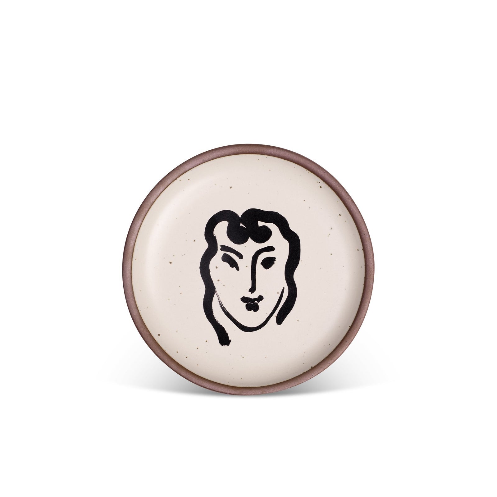 Ceramic plate with a speckled cream glaze featuring a minimalist black line drawing of a face, bordered by a subtle brown rim.