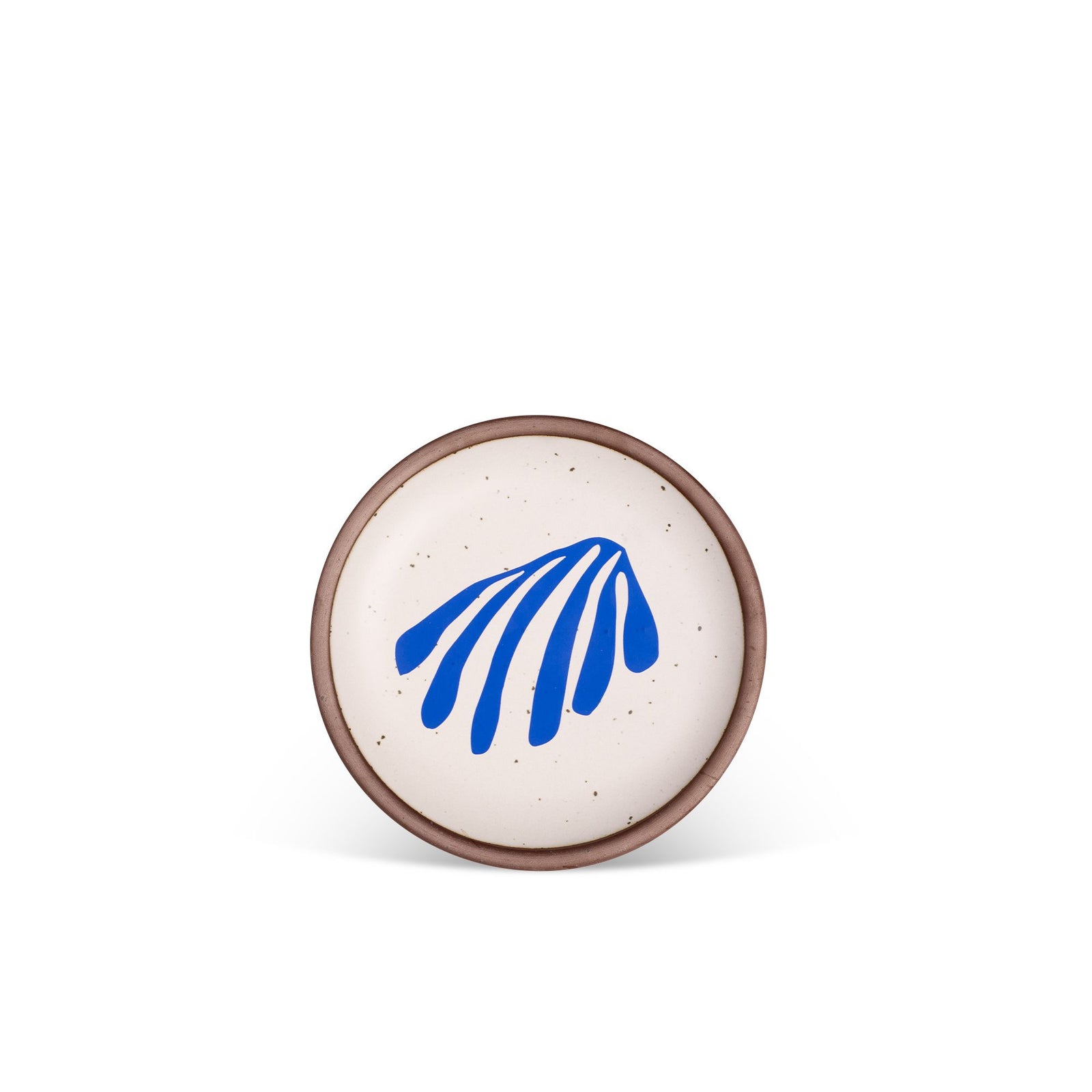 A small round ceramic plate with a speckled cream glaze and a bold blue abstract design, featuring a brown rim, set against a white background.