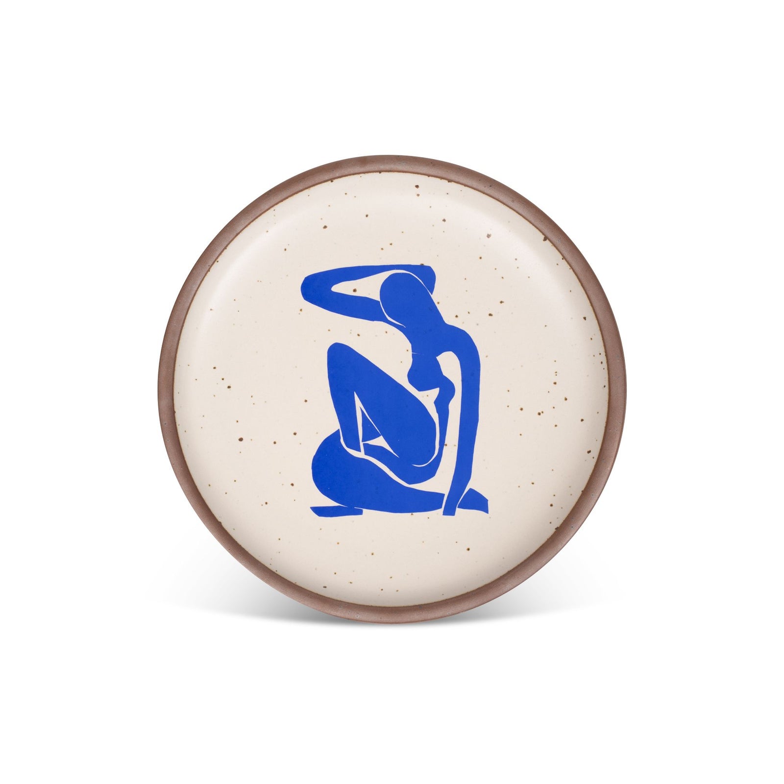 Round ceramic plate with a speckled cream glaze, featuring a blue abstract figure design in the center. The plate has a brown rim and is displayed against a white background.