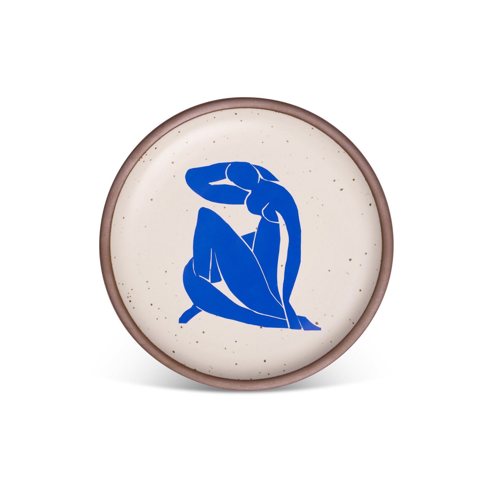 Ceramic plate with a speckled cream surface, featuring a silhouette of a blue, abstract human figure in a seated pose. The edge is a contrasting brown color.