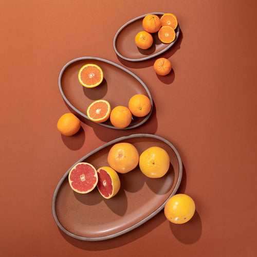 Oranges and grapefruits on cool terracotta platters in small medium and large against a matching background