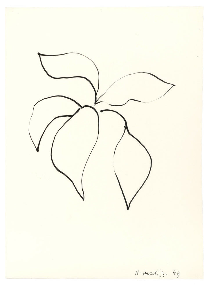 A minimalist black line artwork by Henri Matisse on a warm cream background, with a small handwritten signature and year in the lower right corner.