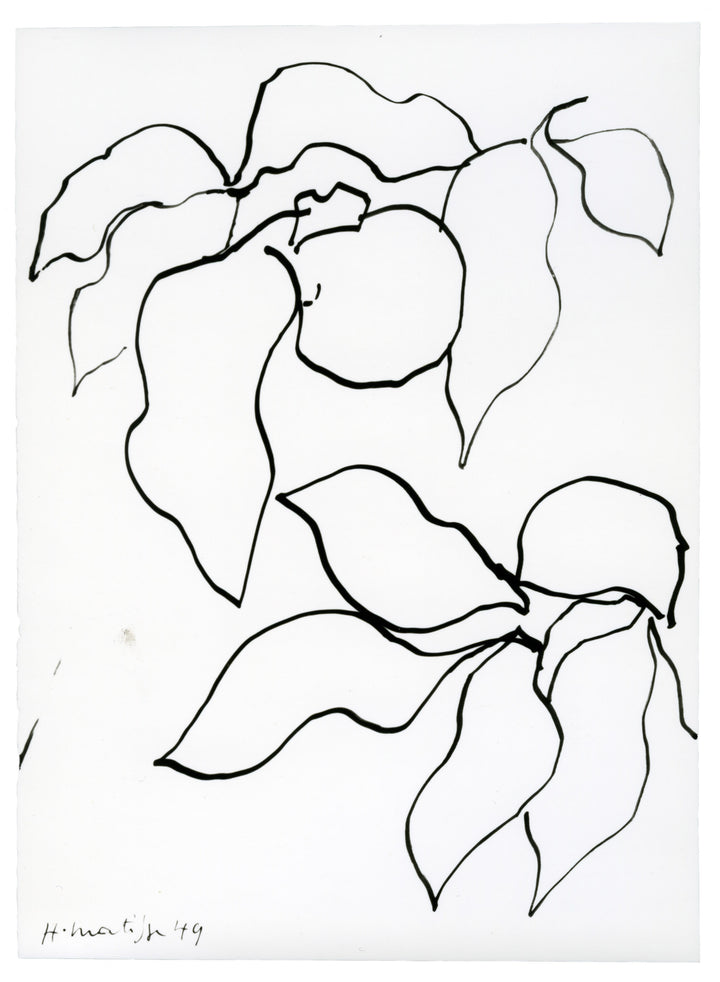 A minimalist black line artwork by Henri Matisse on a warm cream background, with a small handwritten signature and year in the lower left corner.