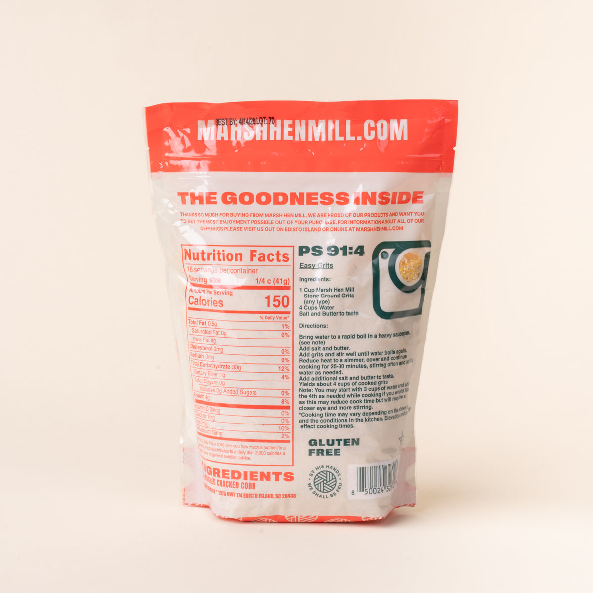 Back of a bag of Marsh Hen Mill yellow grits showing the nutrition facts, cooking instructions, ingredients, and barcode on a plain white background.