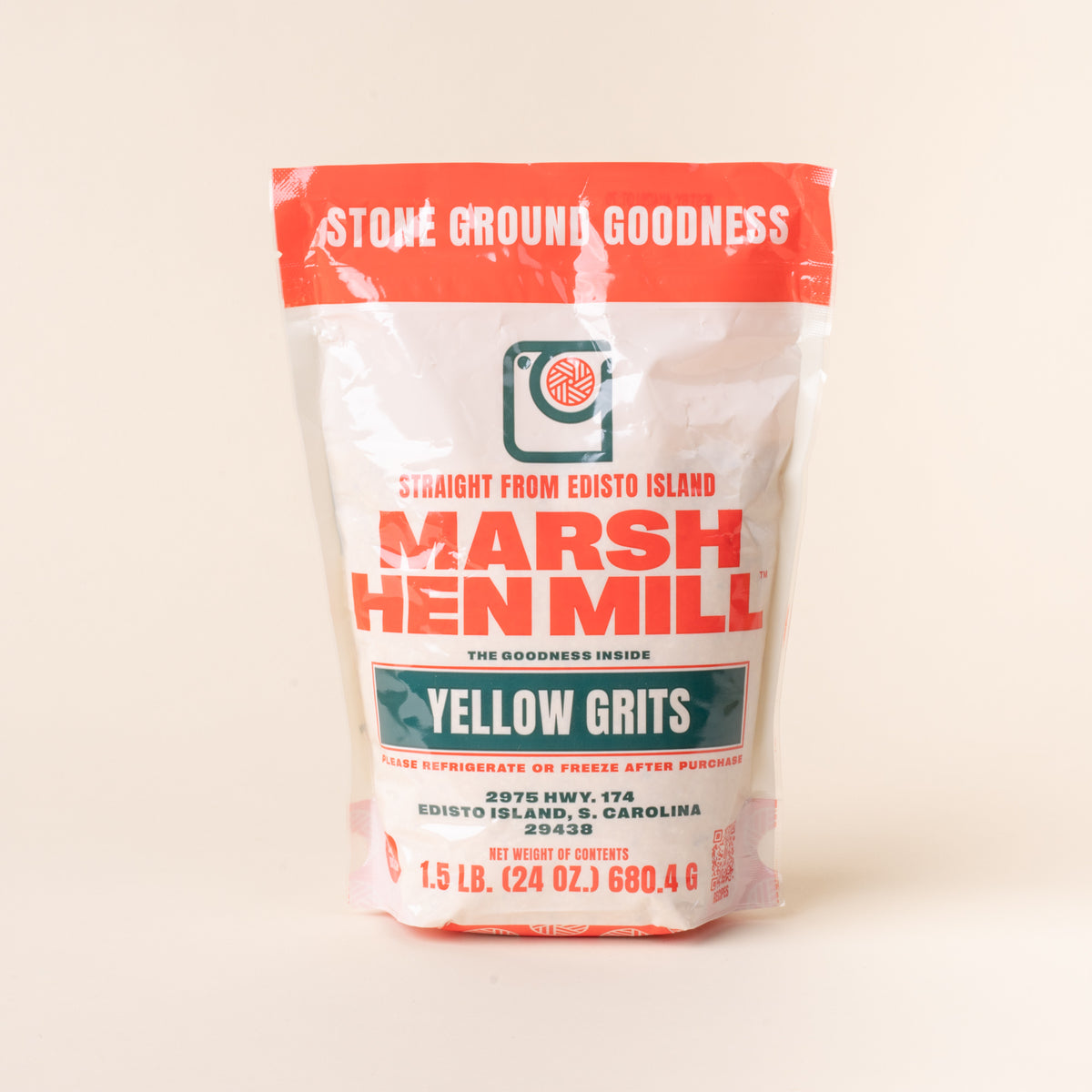 Bag of Marsh Hen Mill yellow grits standing upright on a plain white background.
