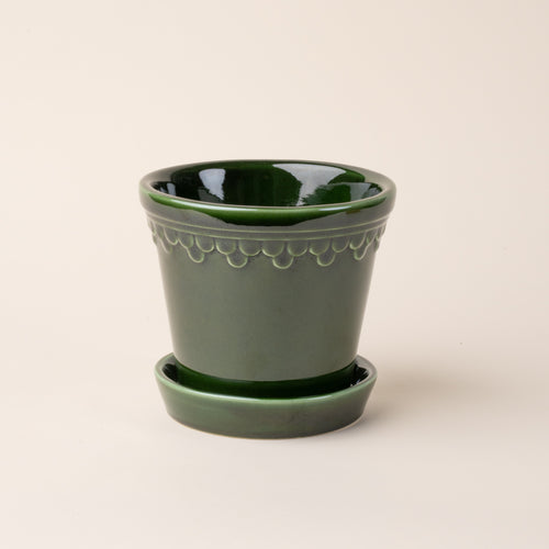 Medium glossy green ceramic pot.