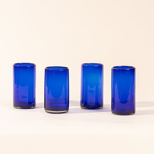 4 cobalt blue tall transparent drinking glasses