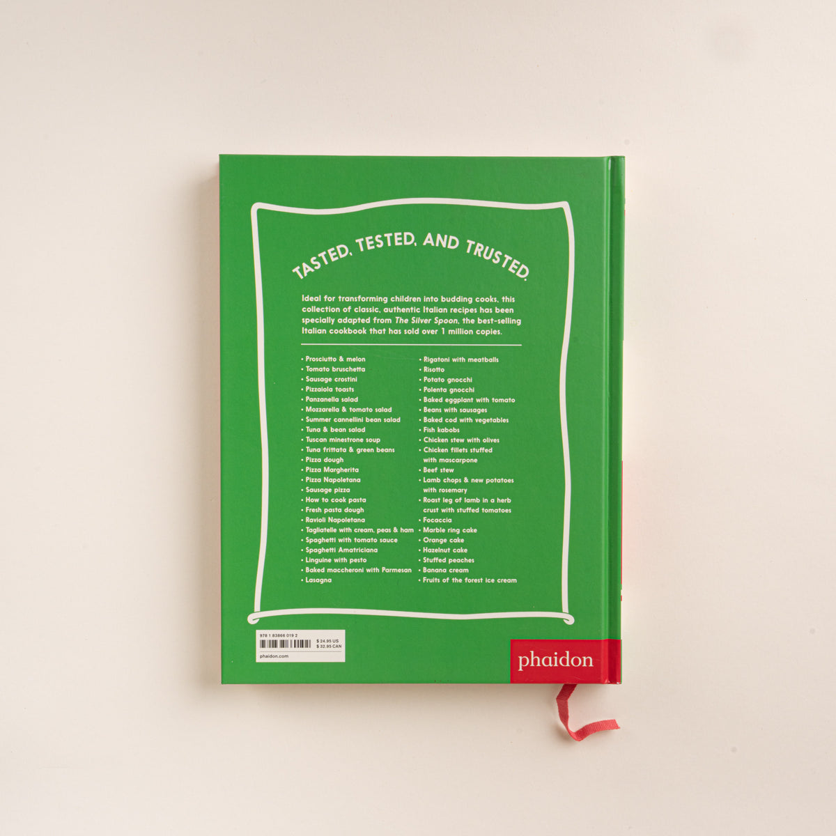 Back cover of The Silver Spoon for Children cookbook in green with a list of Italian recipes.