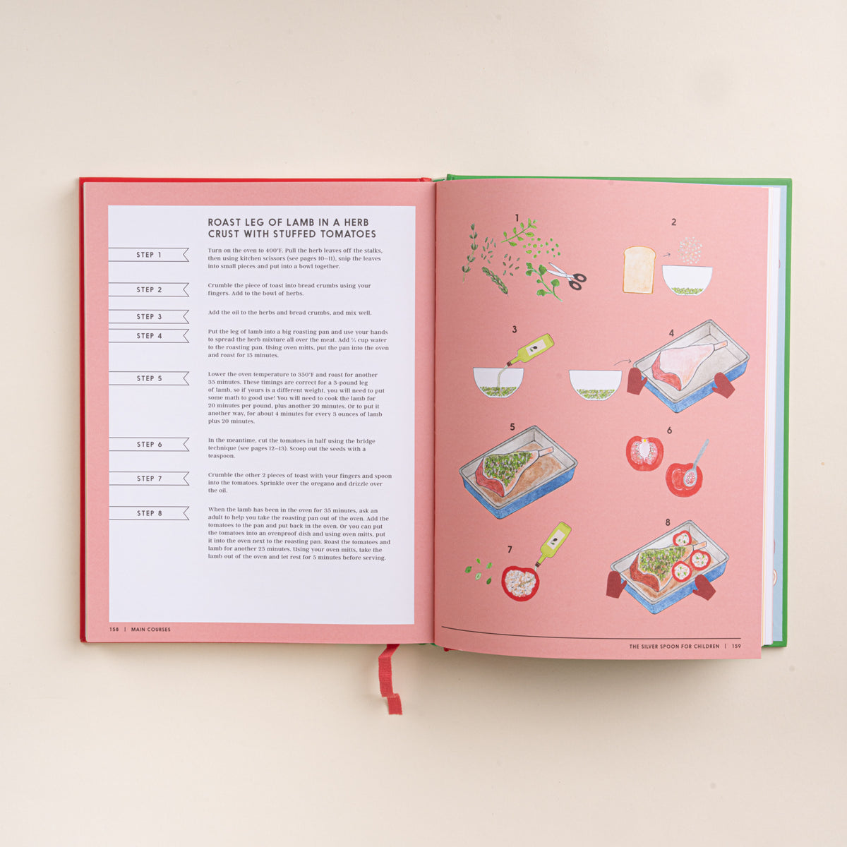 Open children’s cookbook showing a roast lamb recipe with step-by-step instructions and illustrations.