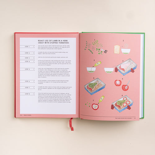 Open children’s cookbook showing a roast lamb recipe with step-by-step instructions and illustrations.