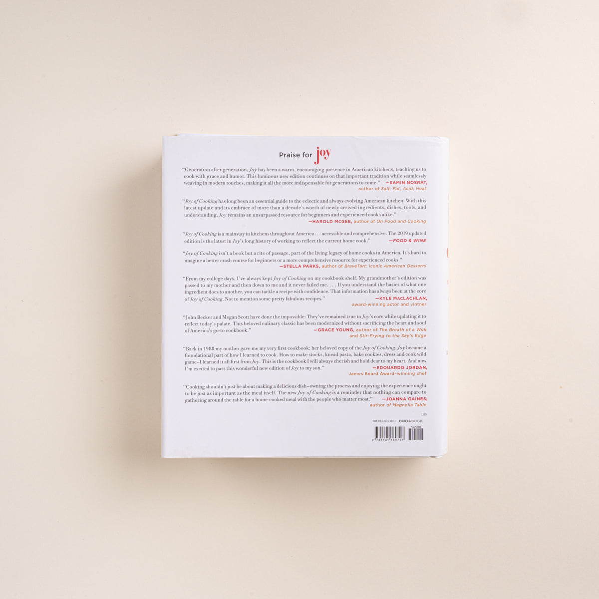 Back cover of the Joy of Cooking cookbook featuring praise quotes and a barcode.