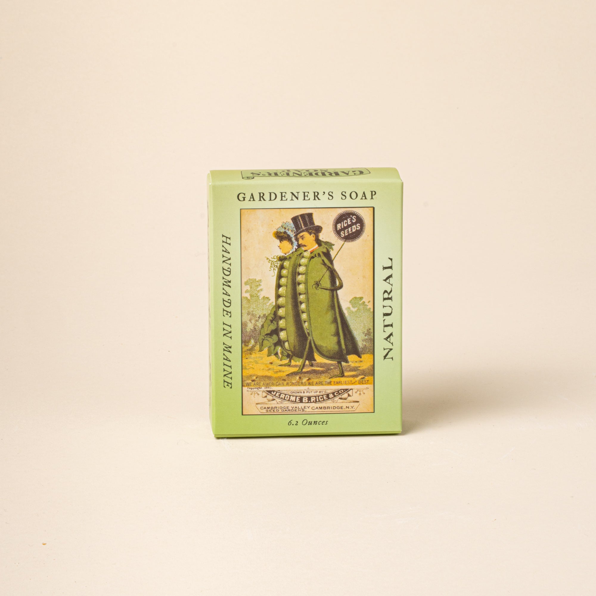 Box of Gardener's Soap with vintage illustration on a beige background