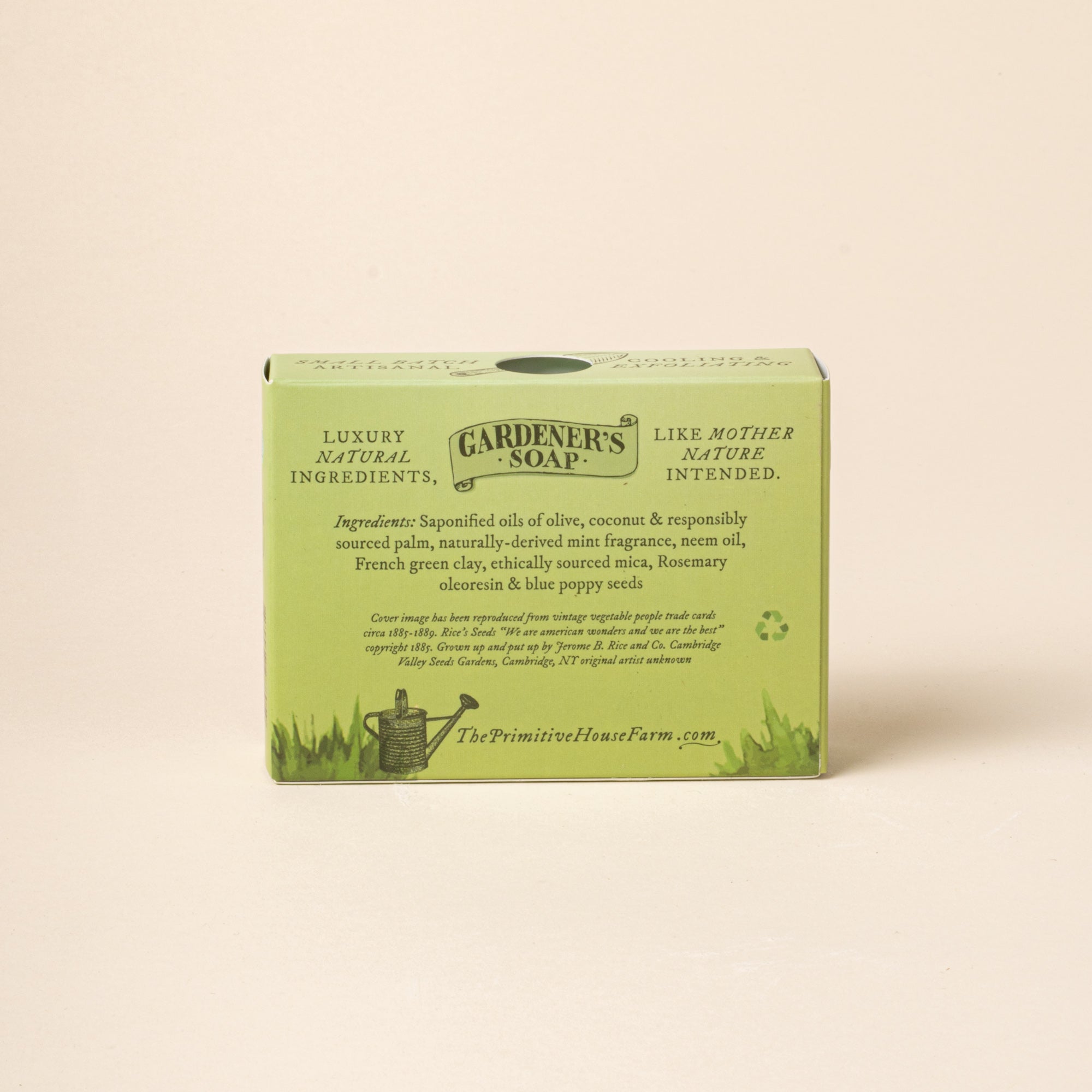 Green box of Gardener's Soap on a beige background