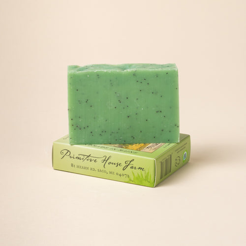 Green soap bar with specks on a matching box against a beige background
