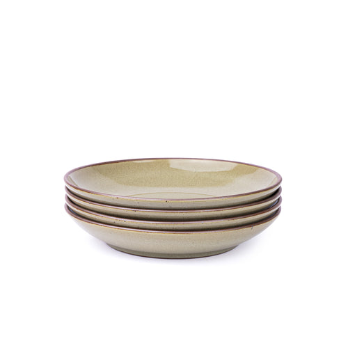 A stack of 4 large ceramic plates with a curved bowl edge in a reflective dappled grey-green color featuring an unglazed rim.