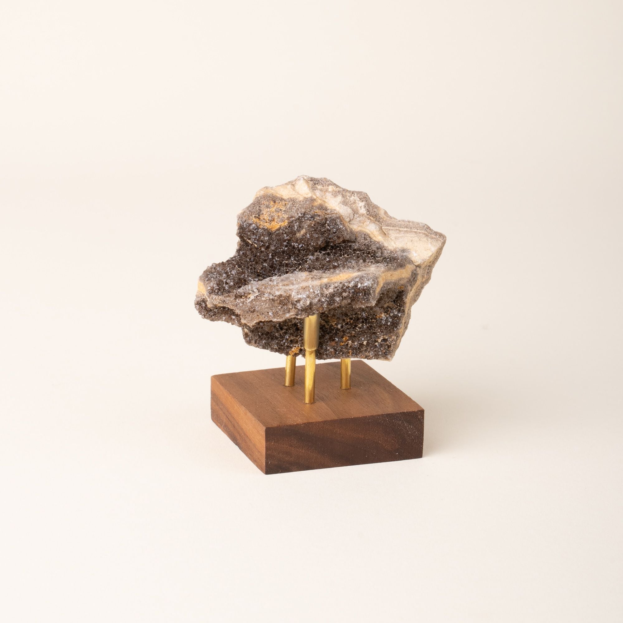 Rough, natural brilliant petrified wood with sparkling crystal formations, mounted on a small wooden base with three brass supports, displayed against a plain cream background.