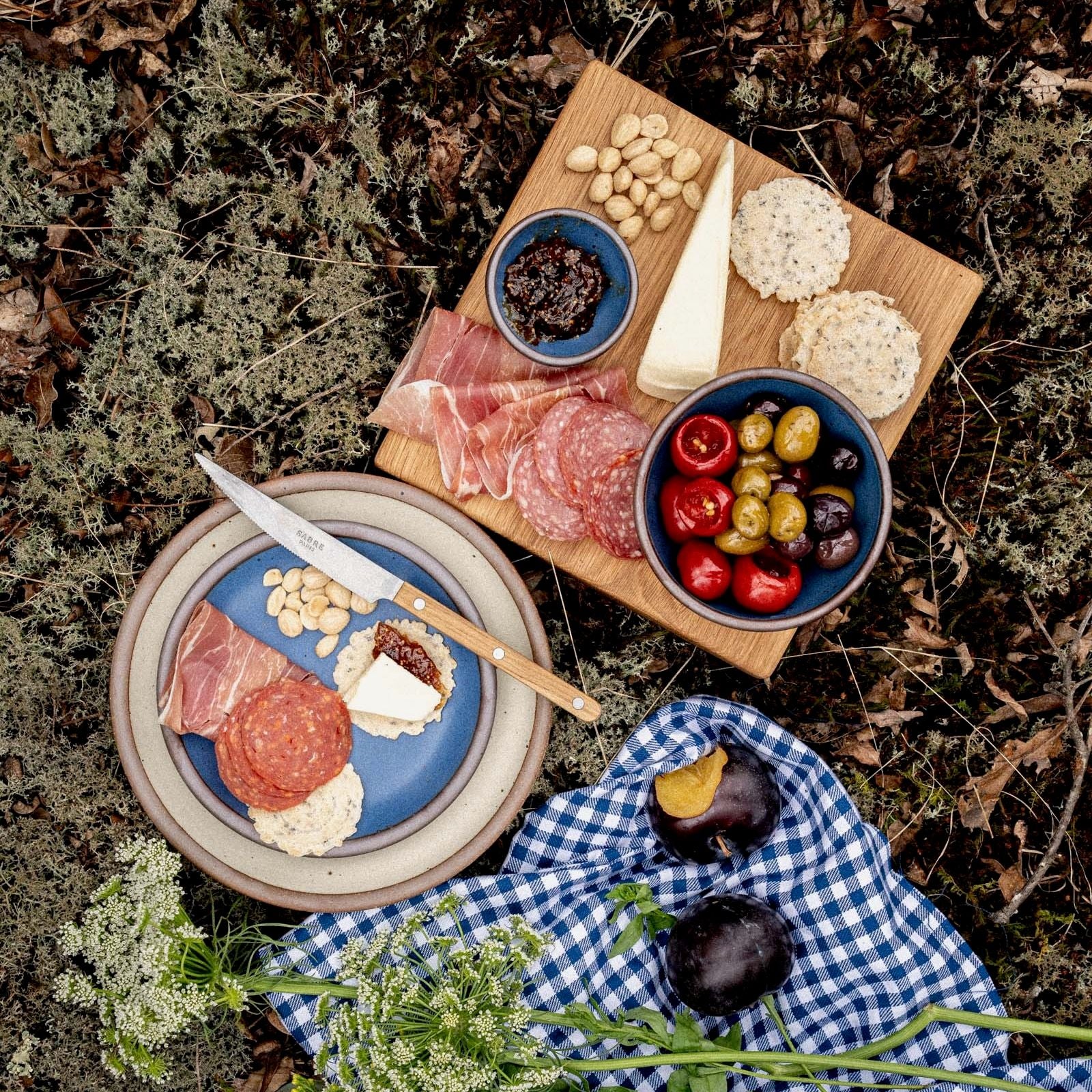 Charcuterie picnic spread with meats, cheeses, olives, and crackers on ceramic plates and a square oak cutting board; set on grass with a gingham cloth and plums.