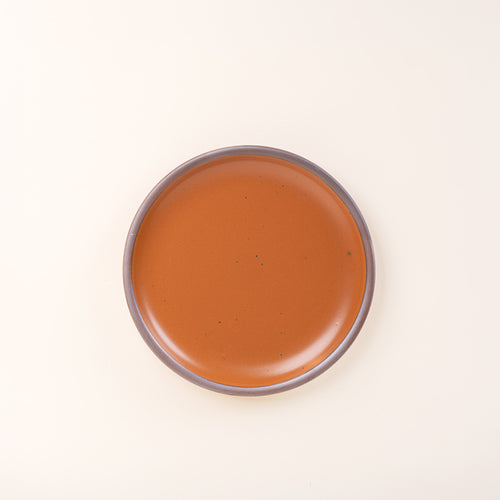 A medium sized ceramic plate in an earthy orange color featuring iron speckles and an unglazed rim.
