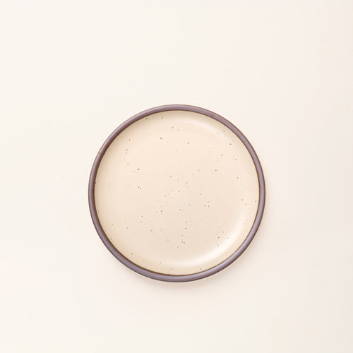 A medium sized ceramic plate in a cream color featuring iron speckles and an unglazed rim.