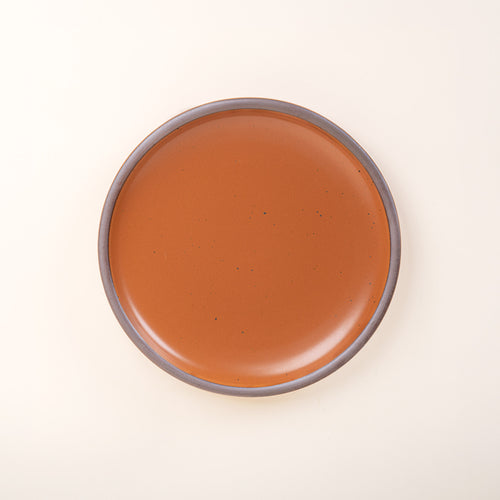 A dinner sized ceramic plate in an earthy orange color featuring iron speckles and an unglazed rim