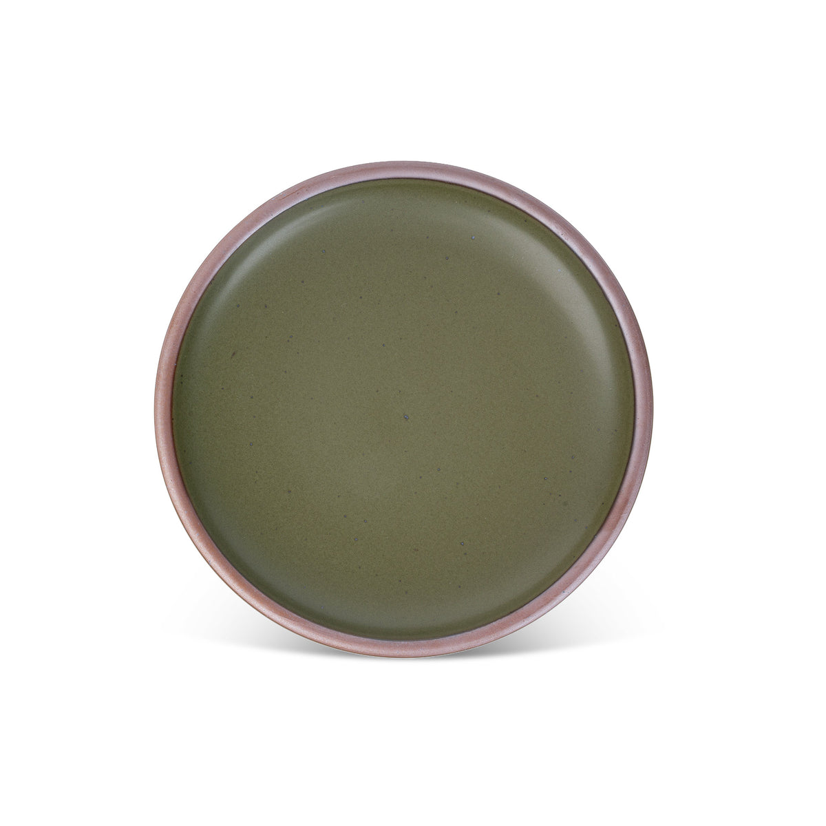 A dinner sized ceramic plate in an olive green color featuring iron speckles and an unglazed rim