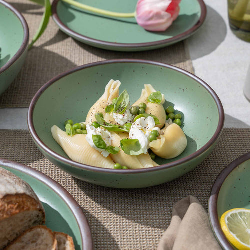 A shallow ceramic bowl for daily meals in a viridian green glaze with a matte finish.