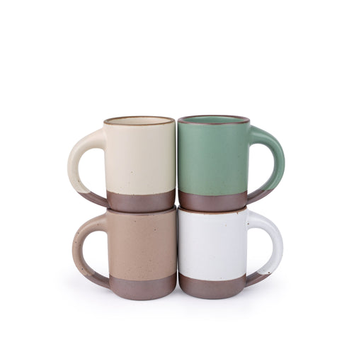 Four ceramic mug with straight sides and a comfortable handle in a viridian green, warm brown, warm white and cool white glazes.