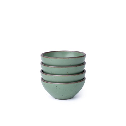 Four small, deep ceramic bowls perfect for two scoops of ice cream in a viridian green glaze with a matte finish.