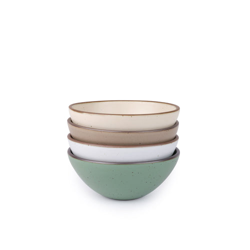 Four ceramic bowls with higher sides for soups or stews in a viridian green, warm brown, warm white and cool white glazes.
