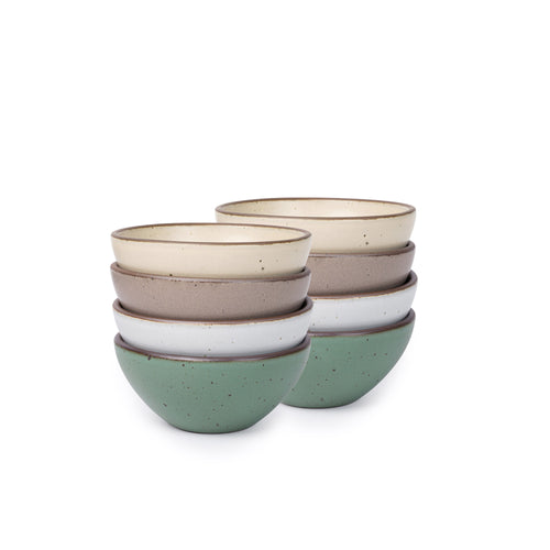 Eight small, deep ceramic bowls perfect for two scoops of ice cream in a viridian green, warm brown, warm white and cool white glazes.