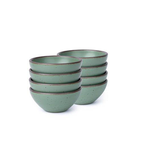 Eight small, deep ceramic bowls perfect for two scoops of ice cream in a viridian green glaze with a matte finish.