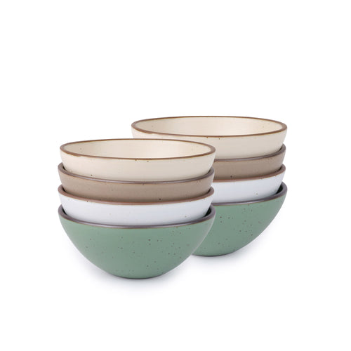 Eight ceramic bowls with higher sides for soups or stews in a viridian green, warm brown, warm white and cool white glazes.