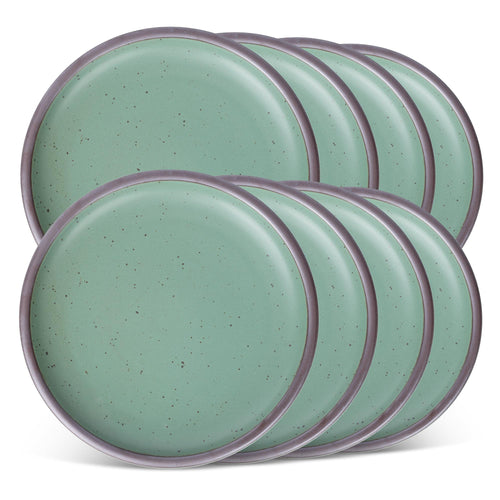 A stack of eight round ceramic plates, each featuring a speckled green glaze with a subtle gray rim.