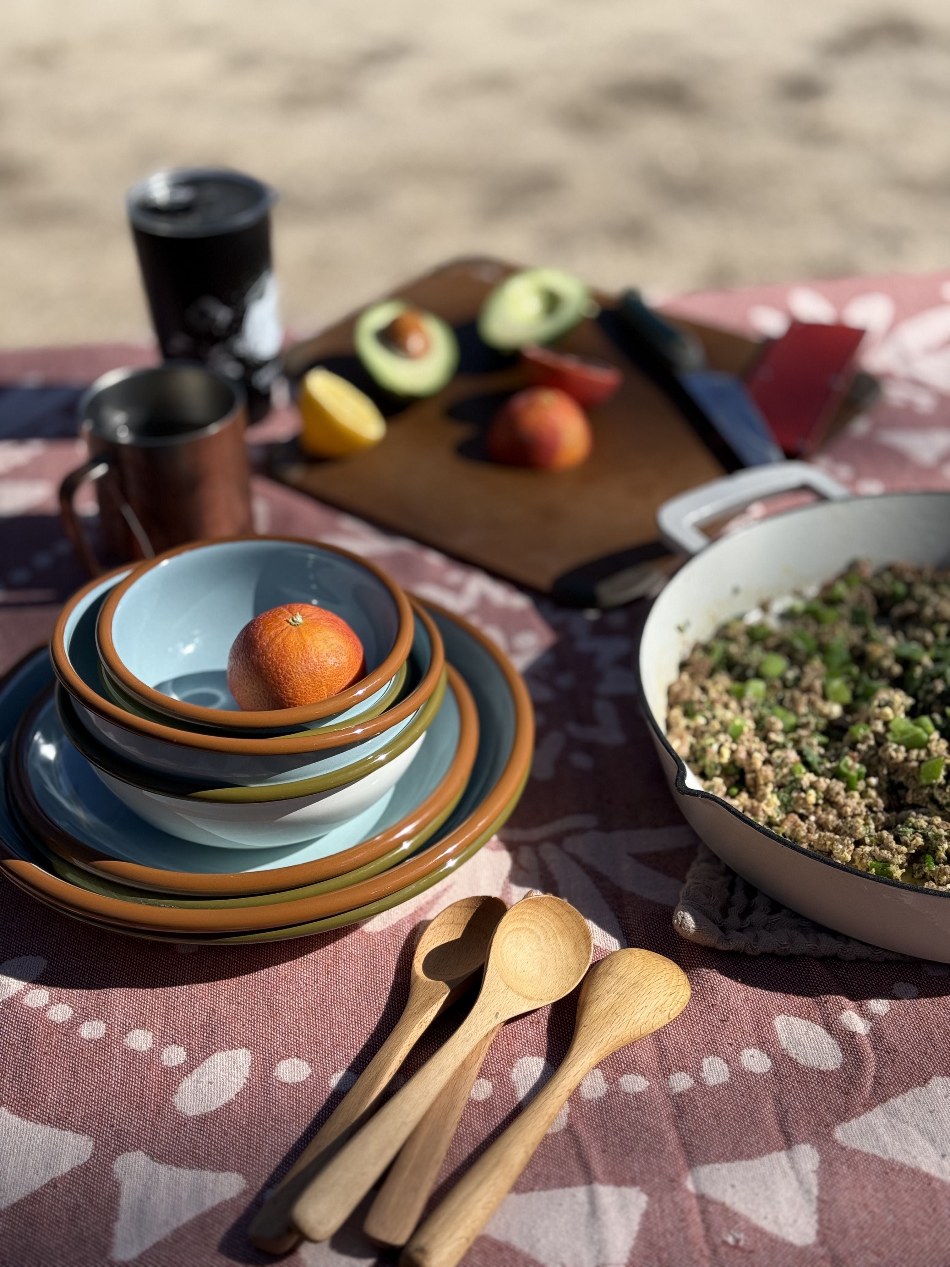 East Fork enamelware on a camp breakfast spread