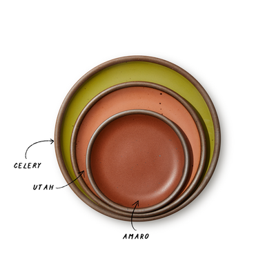 A stack of 3 plates in Dinner, Side, and Cake sizes in a celery green, peach, and terracotta colors.