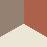 A three-color swatch forming a corner, with a muted brown on the left wall, a warm terracotta on the right wall, and a soft cream on the floor.