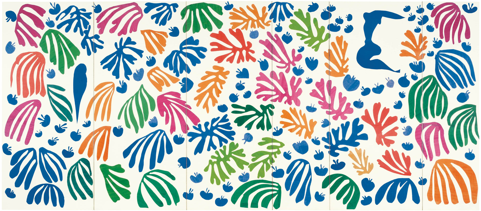 Colorful abstract composition featuring organic leaf-like shapes in blue, green, pink, orange, and red, interspersed with smaller blue rounded forms on a white background.