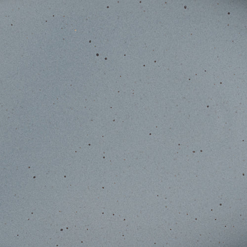 A closeup of a ceramic plate in a blue-grey color with iron speckles throughout