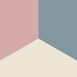 A simple graphic of a square divided in 3 quadrants in dusty pink, blue-grey, and warm off-white colors