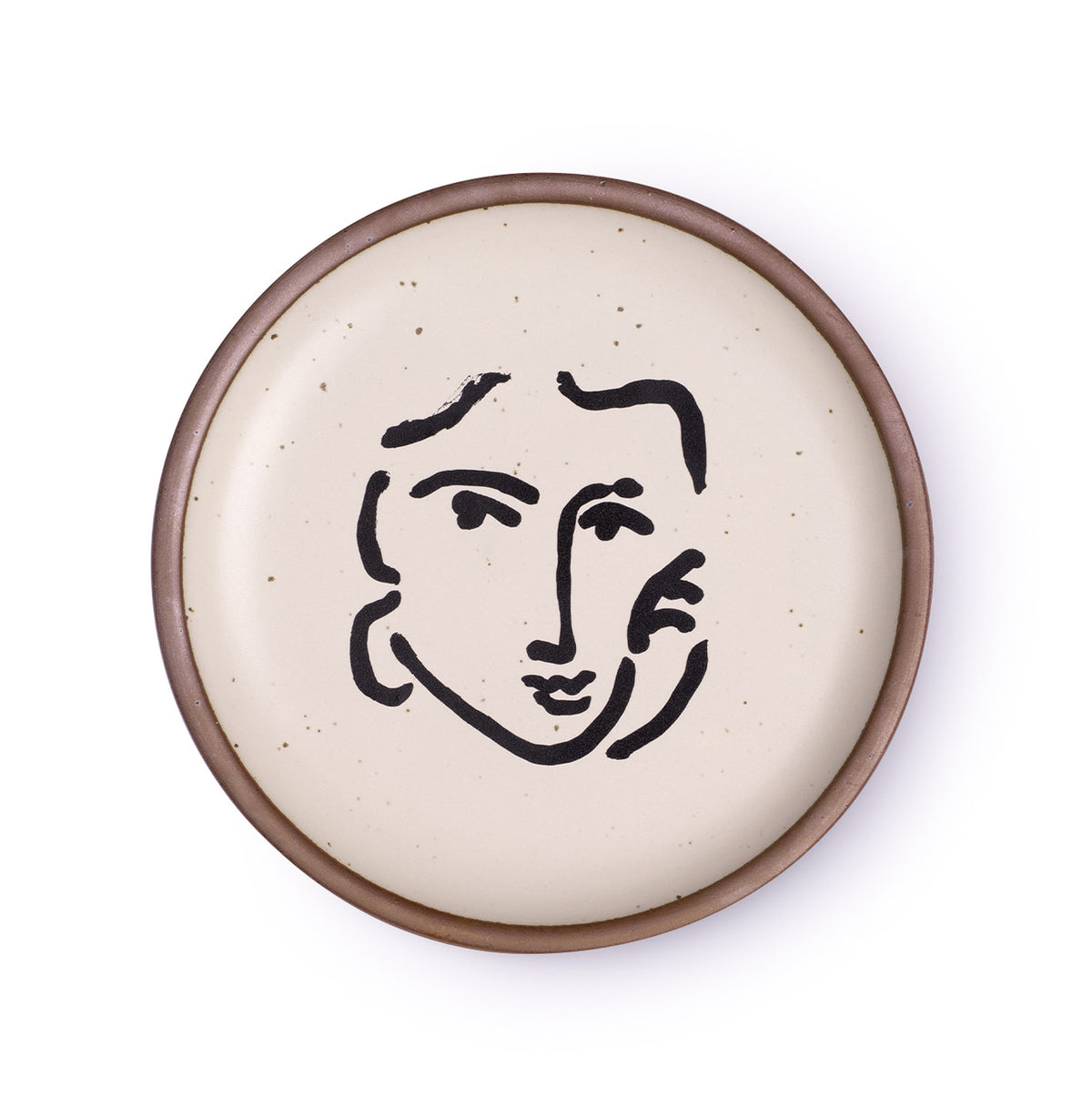 A ceramic plate featuring a decal of the artwork, Nadia au regard sérieux, by Henri Matisse. A minimalist black ink decal of a woman's face and hand resting on one cheek, in an abstract, expressive style centered on an off-white ceramic plate with an unglazed rim.