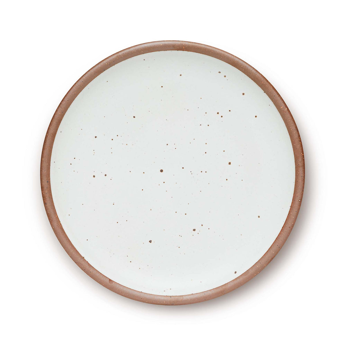 A large ceramic platter in a cool white color featuring iron speckles and an unglazed rim.
