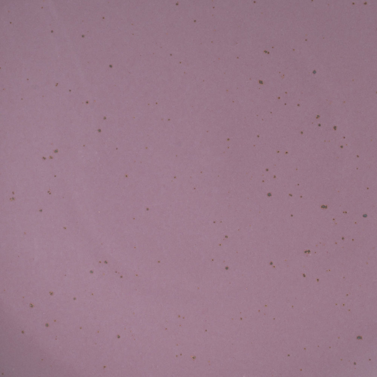 A closeup of a ceramic plate in a soft, mauve purple color featuring iron speckles